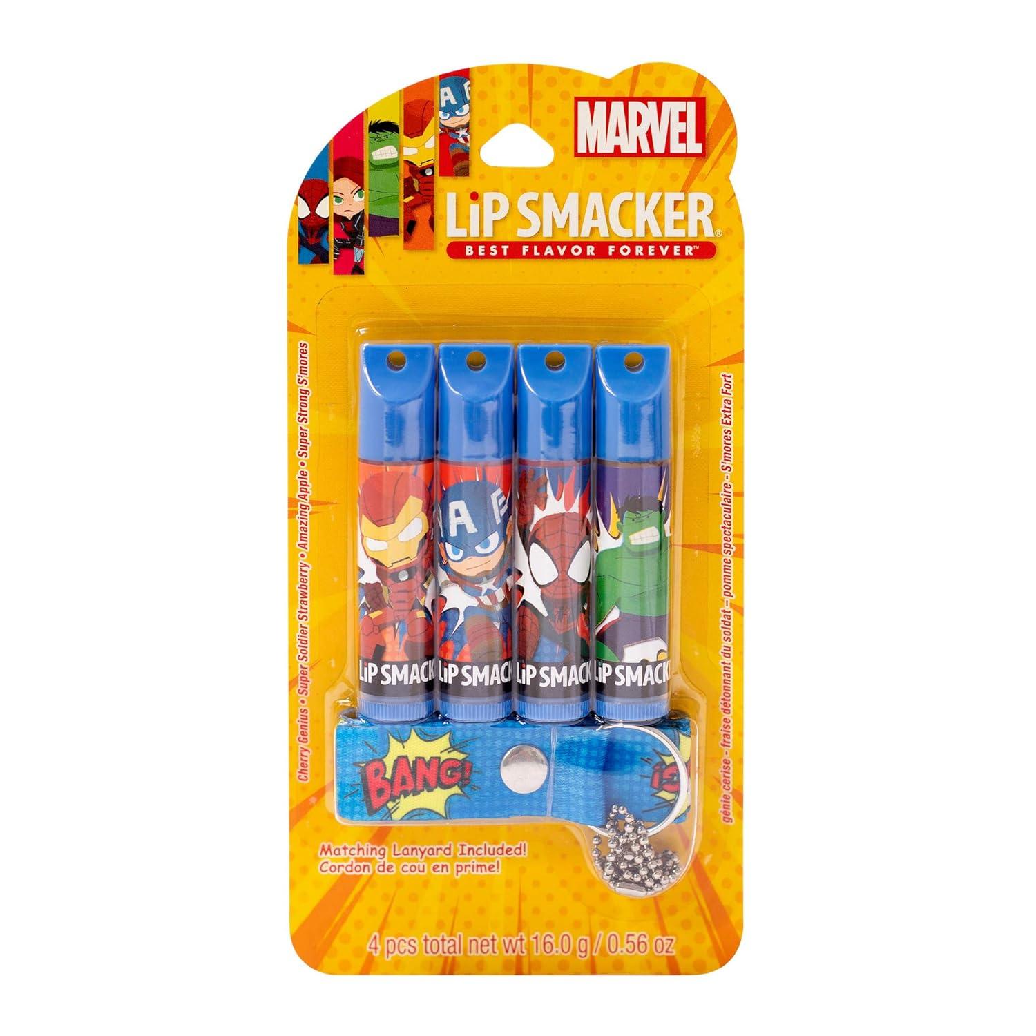 image:imageLip Smacker Marvel 4 piece lanyard set lip balm for kids Iron Man Captain America Spider Man HulkMarvel Heroes Collection